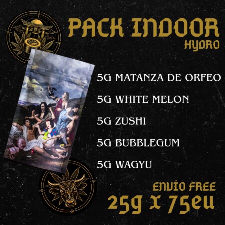 PACK INDOOR 25 g de flores CBD hidropónicas con Matanza de Orfeo White Melon Zushi Bubblegum y Wagyu